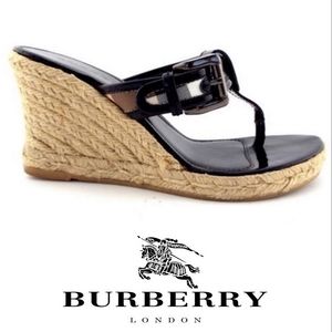 Burberry Vintage Black Patent Nova Check Wedge Thong Sandals with Box Sz 41 US 9